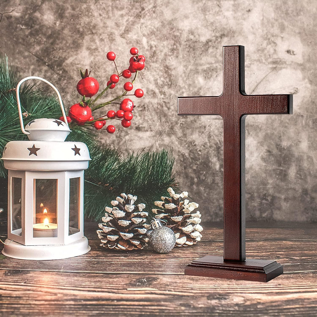 KUXBET Wooden Wall Cross with Stand 12.5 Inch for Hanging or Standing Home Decor H309191