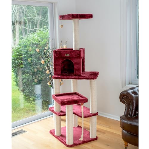 Armarkat Real Wood Cat Tower with Faux Fur Cat Condo, Burgundy D462