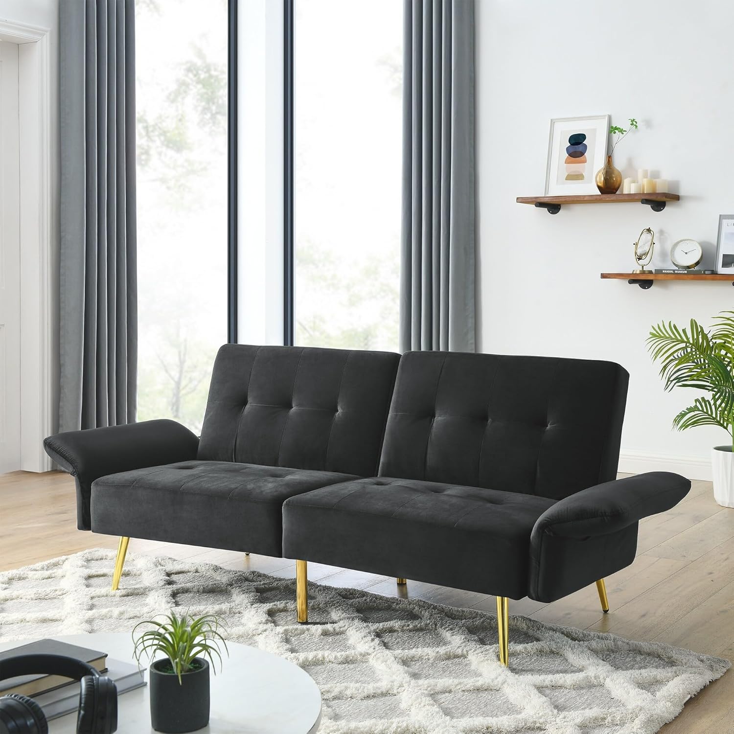 Velvet Convertible Sleeper Loveseat Futon Couch Black E55298
