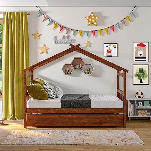 Full Size House Bed for Kids with 2 Drawers, Solid Wood, Gray Q110
