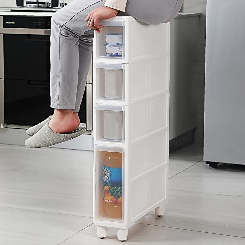 Narrow Tall Floor Cabinet for Bathroom, 4 Clear Drawers with Casters L2591