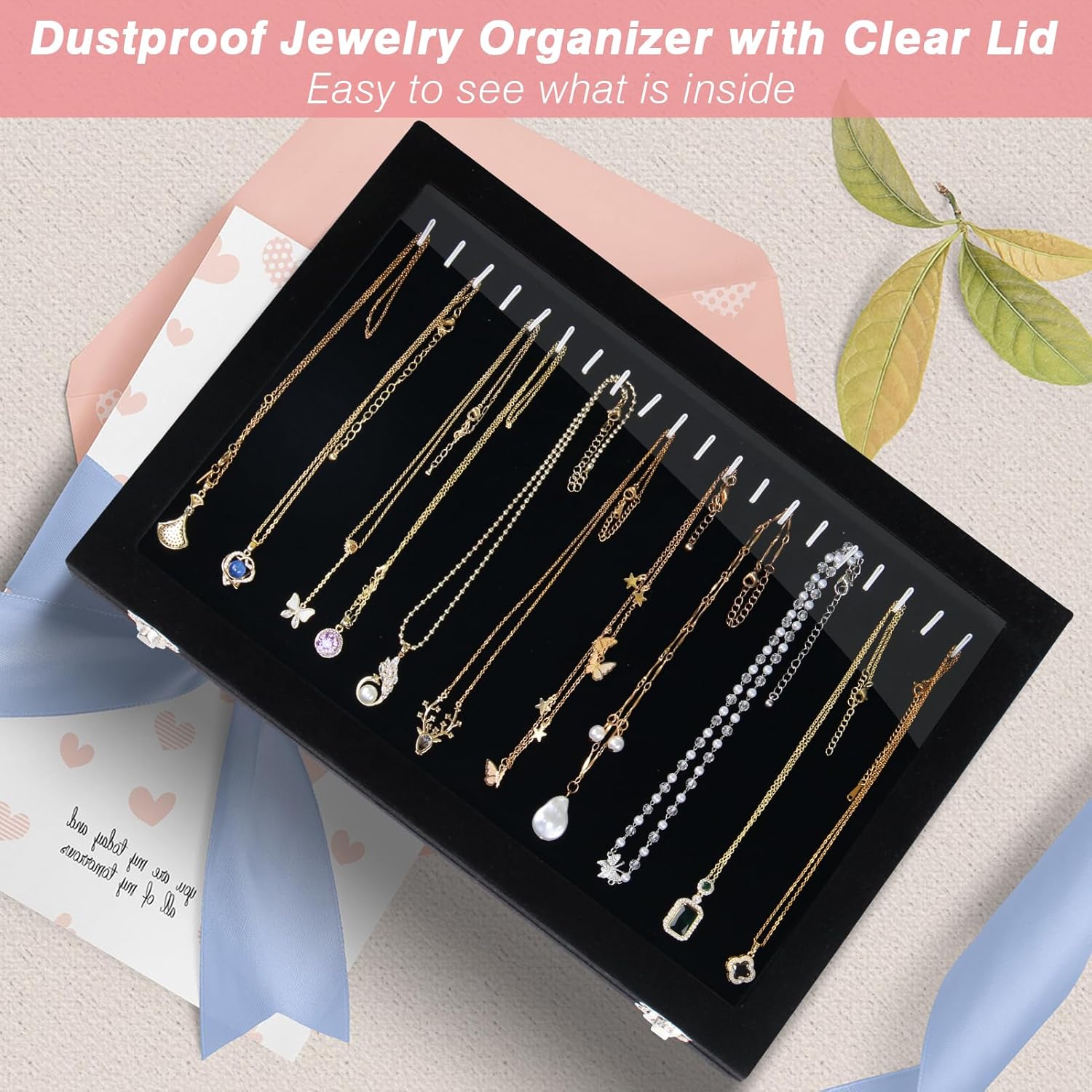 Velvet Jewelry Organizer Box with Clear Lid, 20 Hooks Necklace Holder F716635