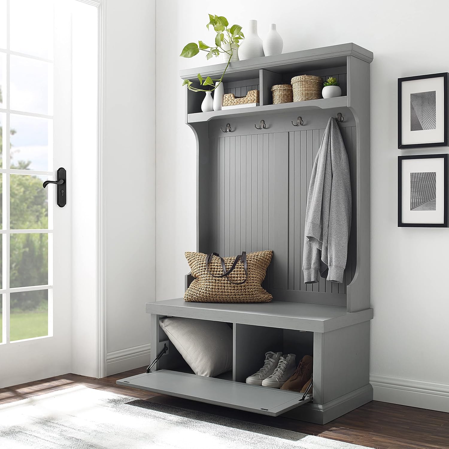 Crosley Furniture Seaside Hall Tree with Coat Rack and Shoe Cabinet, Distressed Gray B83567