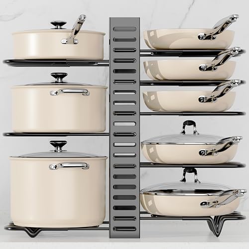 Pots and Pans Organizer Rack for Cabinet - 8-Tier Adjustable Rack Heavy-Duty Under Cabinet Pot and Pan Storage - Perfect for Pots, Pans, and Lids - Easy Kitchen Organization and Storage