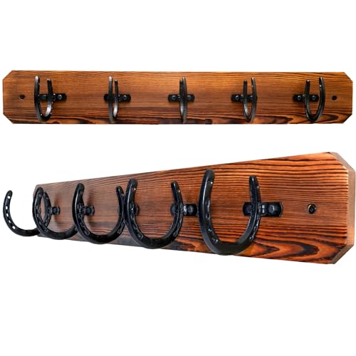 Rustic Coat Rack Wall Mount with Horseshoe Hooks | 36.5" Coat Hanger Wall Mount | Large Wall Coat Rack | Wall Mounted Coat Rack | Wooden coat rack wall Mount (brown plate with black horseshoe hooks)