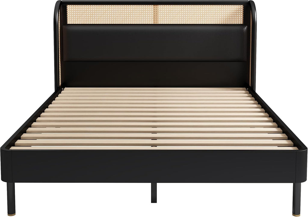 Rattan Platform Bed Queen Size with Wingback Headboard, Wooden Slats V12100