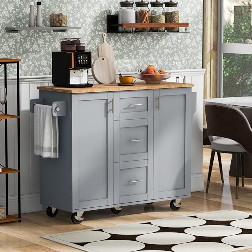 Kitchen Cart with Wood Drop-Leaf Countertop, Kitchen Island on Wheels, Black A523