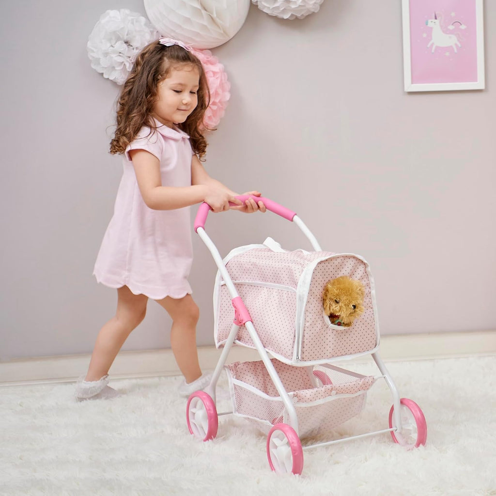 Olivia's Little World Polka Dots Princess Doll Stroller with Detachable Pet Carrier, Pink/Gray H22563
