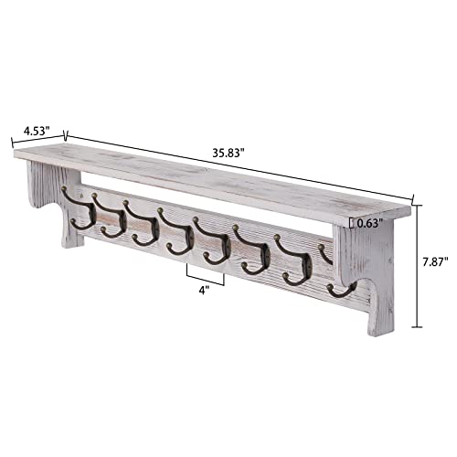 35" Wall Mount Coat Rack with Shelf, Rustic Wooden Entryway Organizer, White B979806