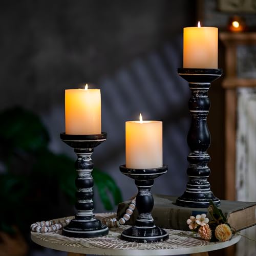 Romadedi Wood Candle Holders for Pillar Candles, Set of 3, Rustic Farmhouse Decor, Dark Brown K640174