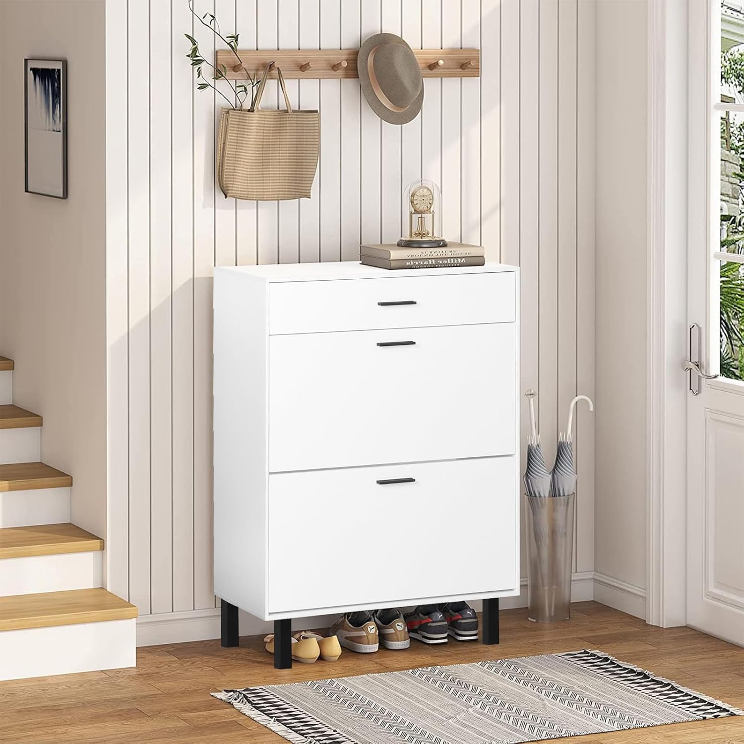 Slim Shoe Cabinet with 2 Flip Drawers White Wooden Storage for Entryway T152