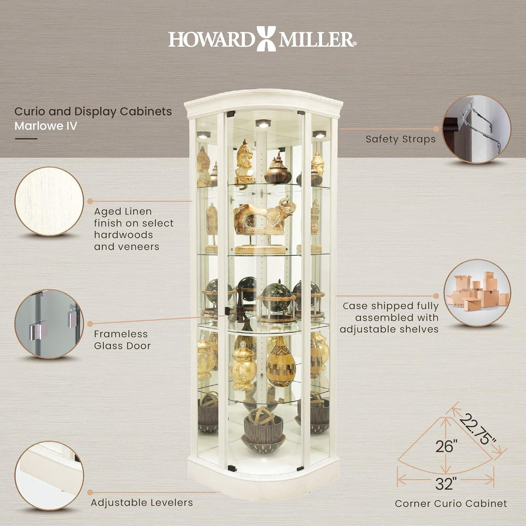 Howard Miller Marlowe IV Corner Curio Cabinet, Aged Linen Finish, Four Glass Shelves U552