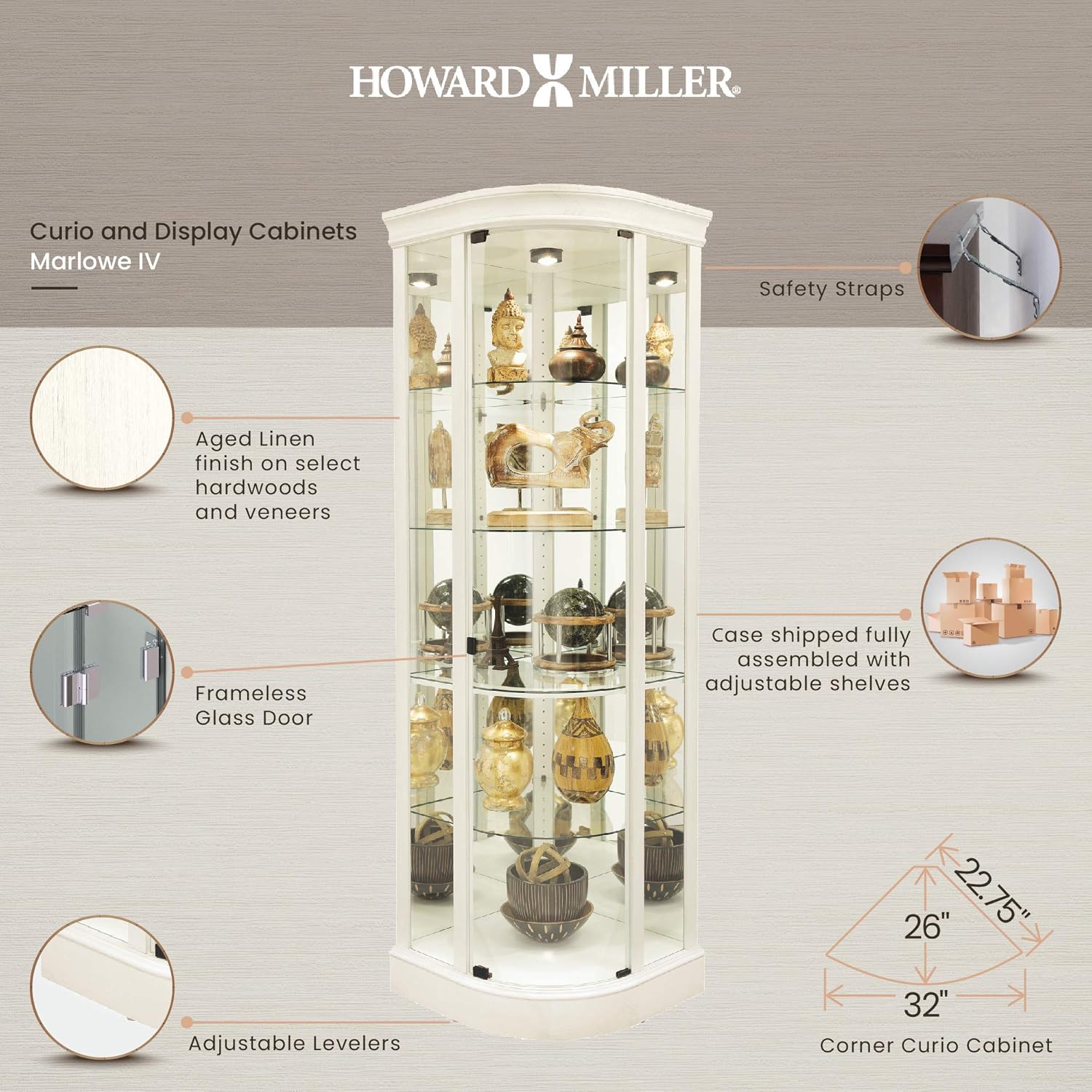 Howard Miller Marlowe IV Corner Curio Cabinet, Aged Linen Finish, Four Glass Shelves U552