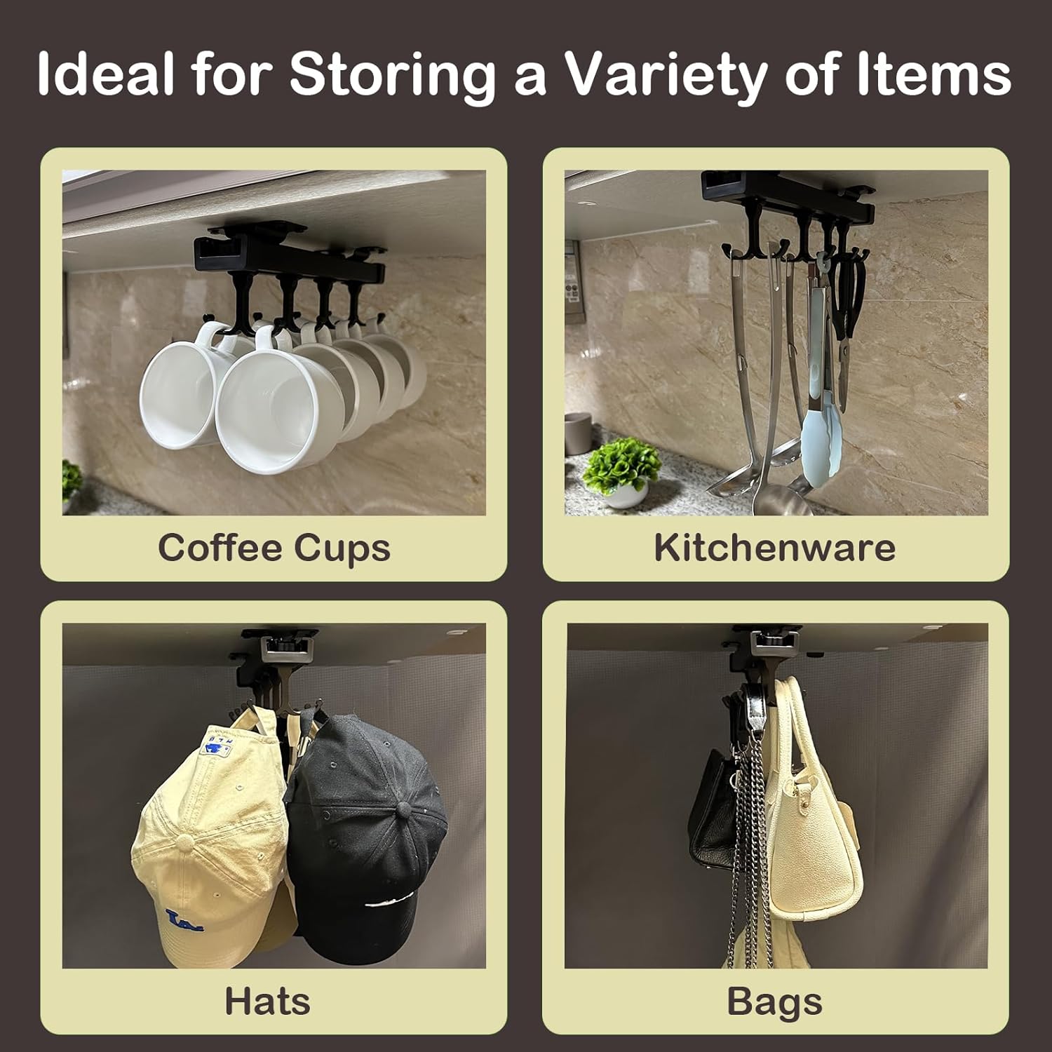 Under Cabinet Mug Holder with 8 Hooks, Black Y1866