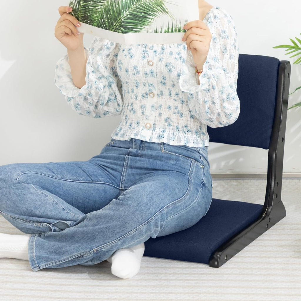 HollyHOME Foldable Tatami Chair, Japanese Style Floor Chair with Cushion, Dark Blue I895