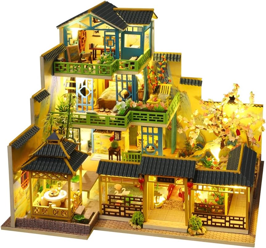 Miniature Chinese Style Three-Storey Villa Dollhouse Kit with Wooden Furniture X69681