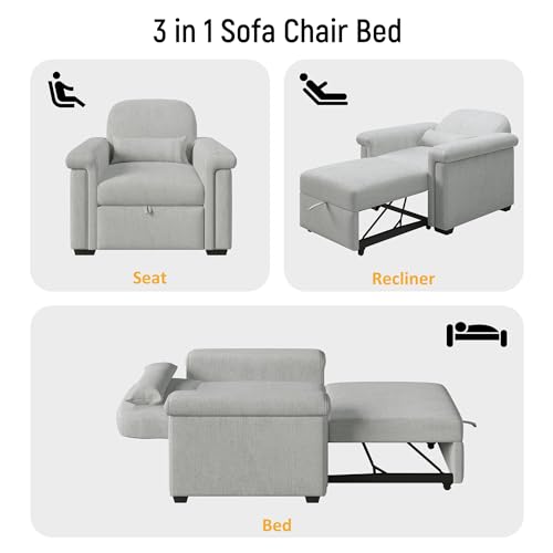 3 in 1 Convertible Single Sofa Bed with Pillow and Adjustable Backrest, Beige L94595