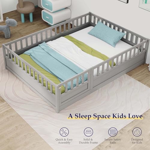 Full Floor Bed with Safety Guardrails for Kids, White A498