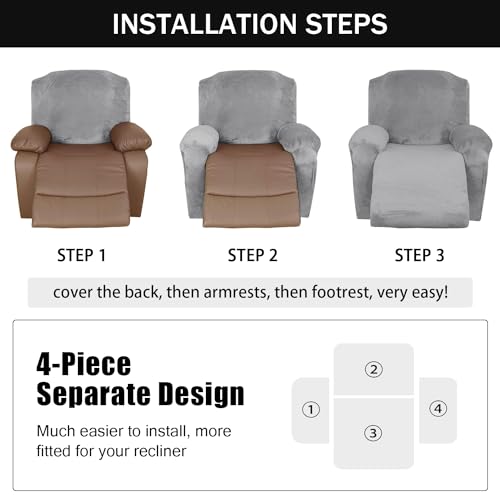 Stretch Recliner Chair Cover 4-Pieces Soft Velvet Slipcover with Pocket (Royal blue) E3839
