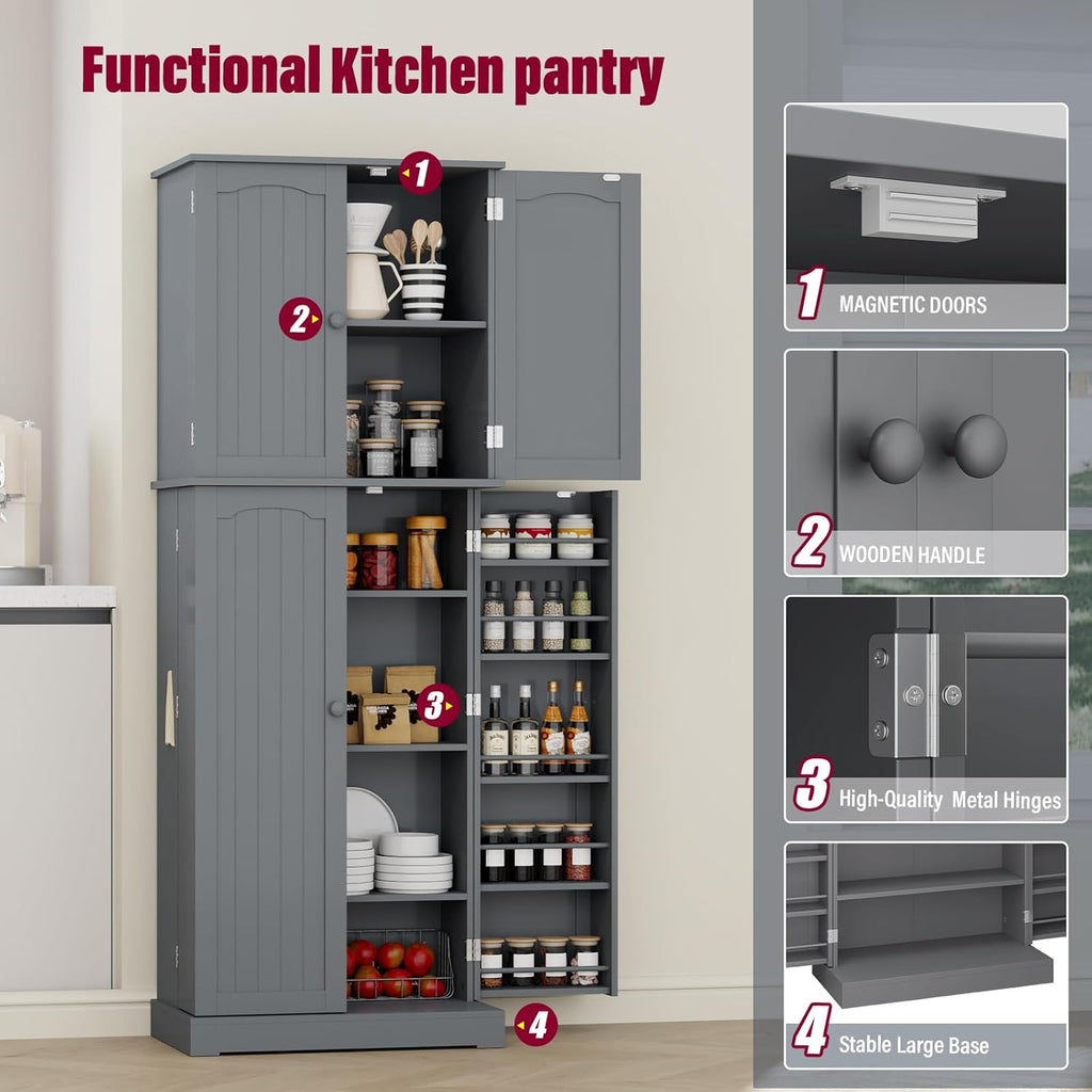 HOME BI 64" Kitchen Pantry Cabinet with Doors and Shelves, Gray Z47661