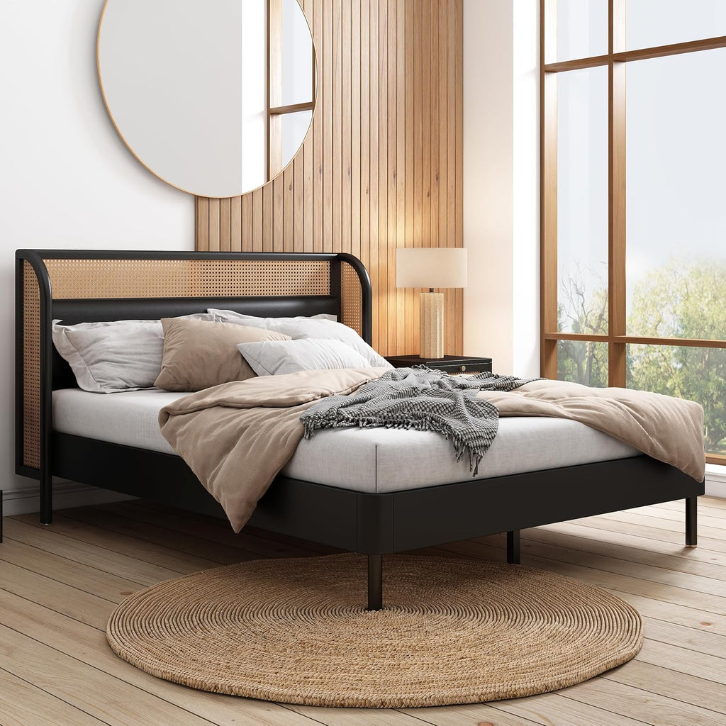 Rattan Platform Bed Queen Size with Wingback Headboard, Wooden Slats V12100