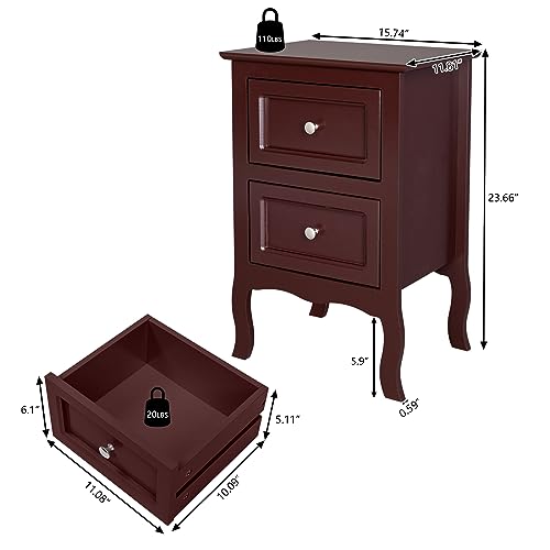 Gray Nightstand Set of 2 with 2 Drawers, Farmhouse Bedside Table T5108