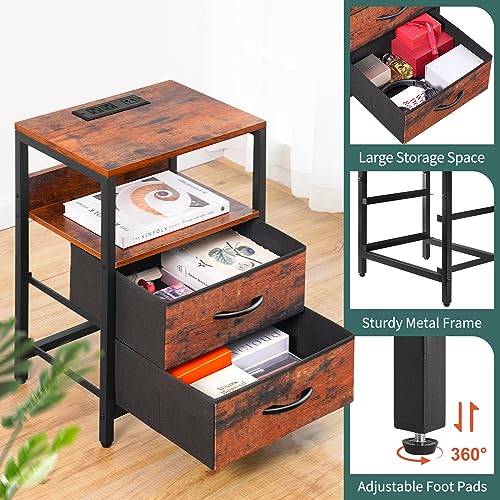 Yoobure Nightstand with Charging Station, LED Light, Fabric Drawers U936