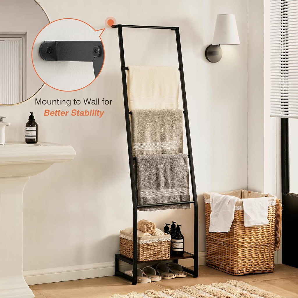 5 Tier Wooden Blanket Ladder for Living Room Bedroom Storage, Rustic Brown and Black R86079