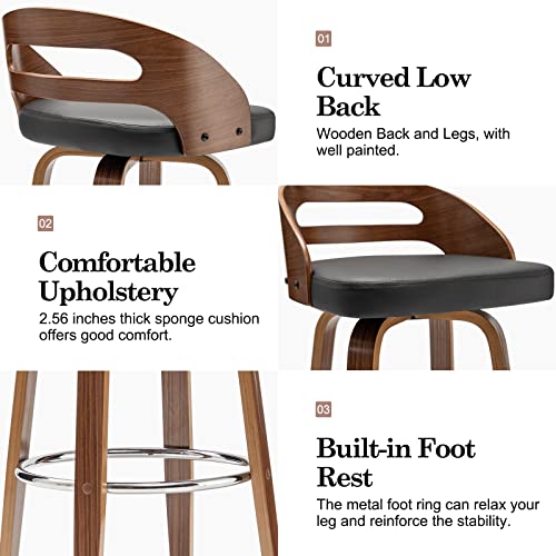 Bar Stools Set of 2, Swivel Low Back, Wood Frame with Cushion Seat, 24.6-Inch M238
