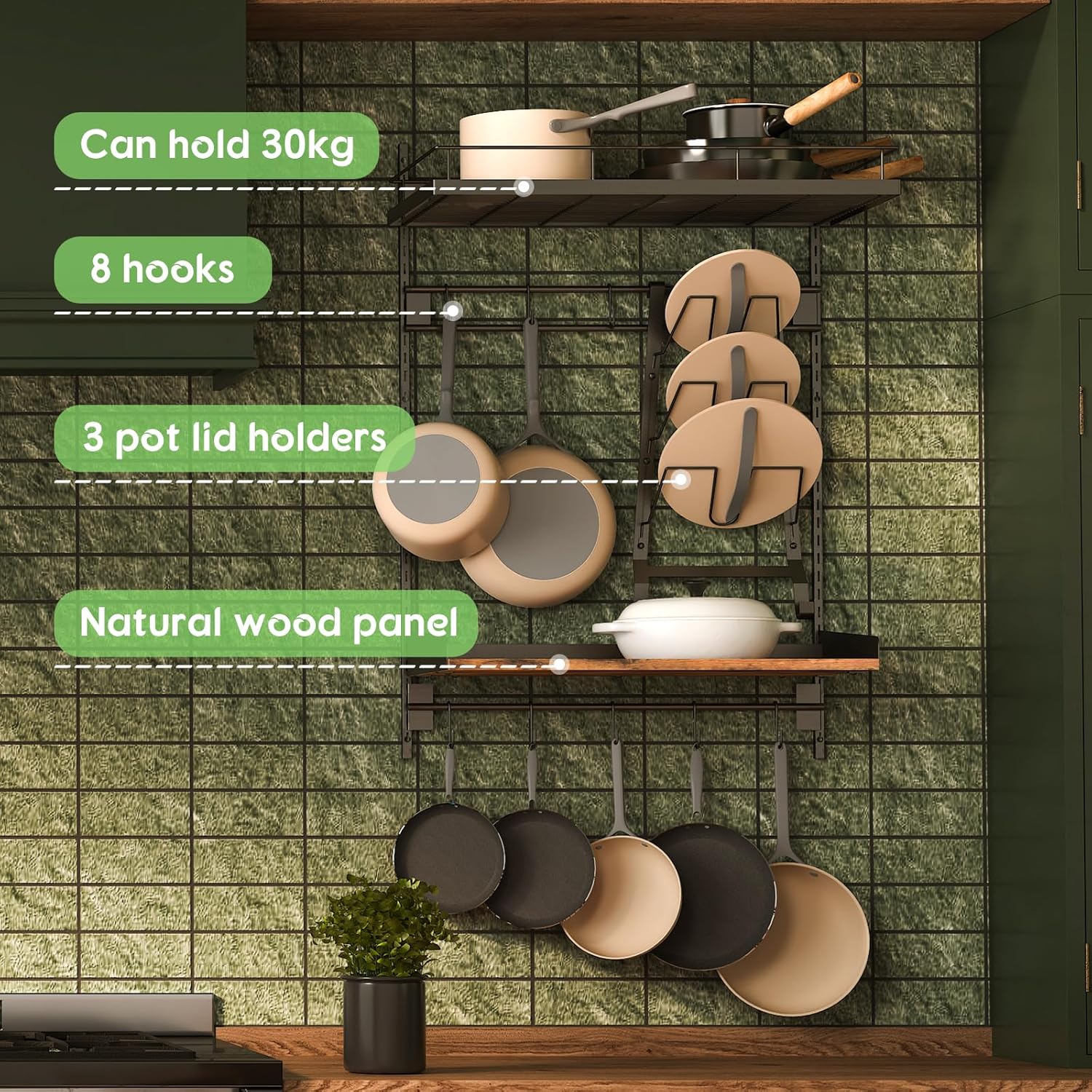 Hanging Pot Rack Wall Mounted 2 Tier with 8 Hooks for Kitchen Storage M925