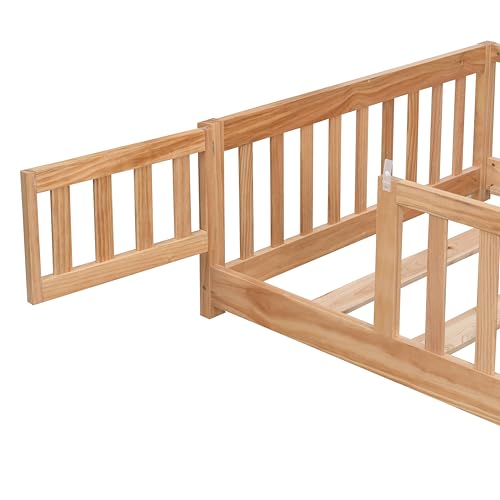 Twin Size Floor Bed with Door, Solid Wood Montessori Bed with Rails and Slats E36819