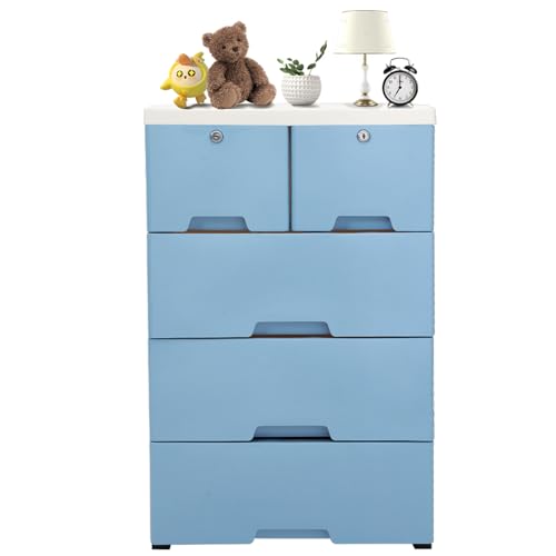 5 Tier Dresser Storage Cabinet with 6 Drawers, Modern Vertical Tall Dresser Organizer for Clothes with Wheels & Locks, Plastic Organizer Drawers for Clothes, Toys, Magazines, Books (Pink)