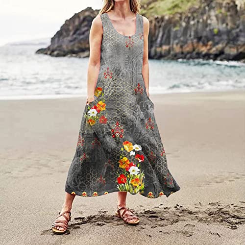 Casual Cotton Linen Sundress for Women with Pockets C94565