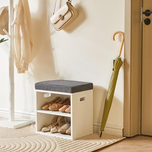 YMYNY Shoe Storage Bench with Cushion, 2 Tier Shoe Rack, White L977