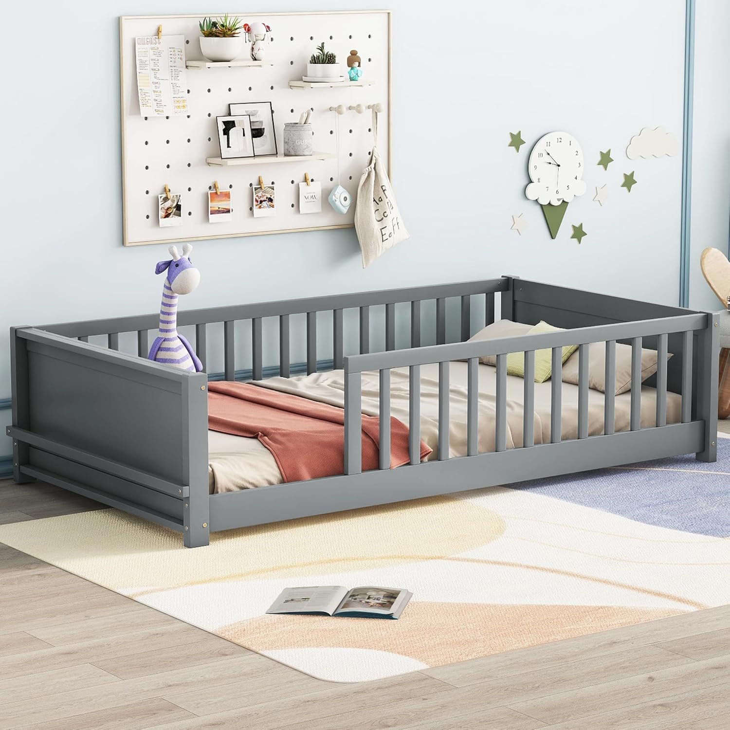Montessori Floor Bed with Safety Guardrails, Twin Size Solid Pine Wood, Grey P6015