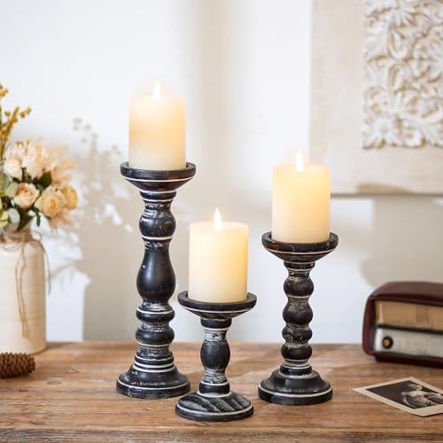 Romadedi Wood Candle Holders for Pillar Candles, Set of 3, Rustic Farmhouse Decor, Dark Brown K640174
