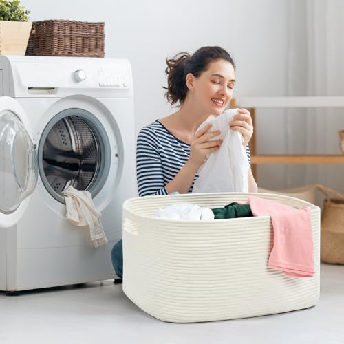 Large Blanket Basket, Rectangle Woven Cotton Rope Storage Basket K150
