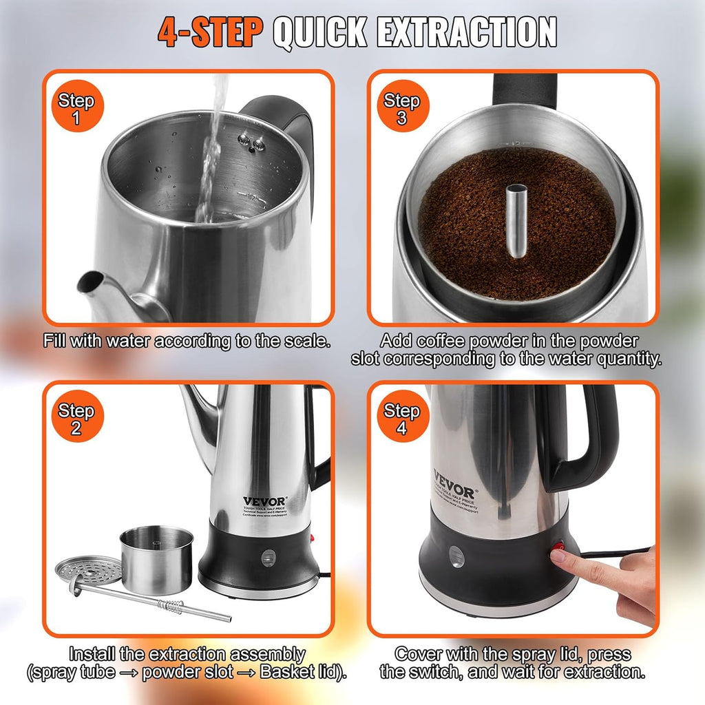 VEVOR 12-Cup Electric Percolator Coffee Pot, 304 Stainless Steel, Silver A1649
