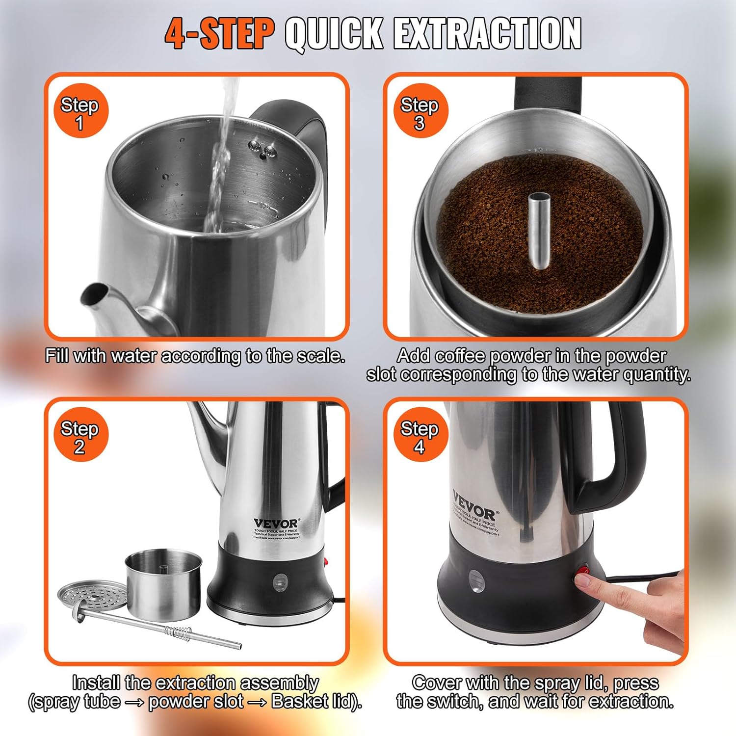 VEVOR Electric Percolator Coffee Pot 12-Cup, 304 Stainless Steel, 1000W V655614