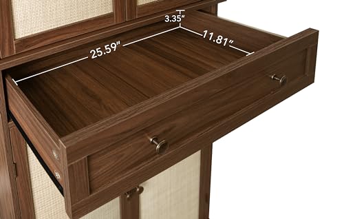 Kitchen Pantry Storage Cabinet with 4 Rattan Doors and Drawer, Walnut T55631