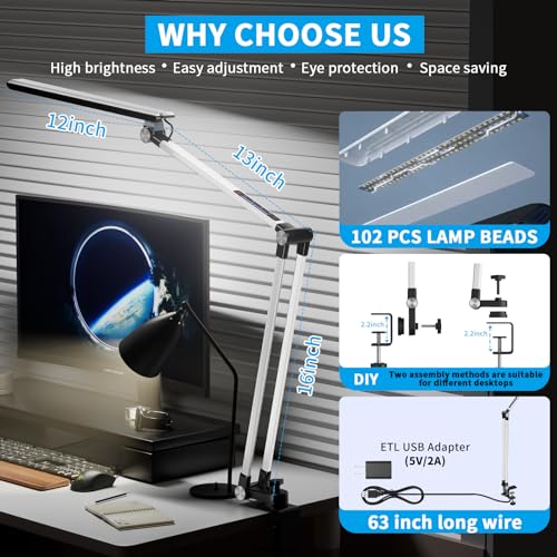 Metallic Gray LED Desk Lamp with Clamp, Touch Control, Swing Arm P544469