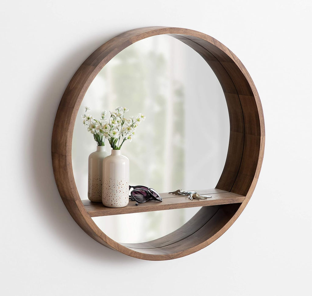 Kate and Laurel Hutton Round Mirror with Shelf, 30" Diameter, Rustic Brown K611