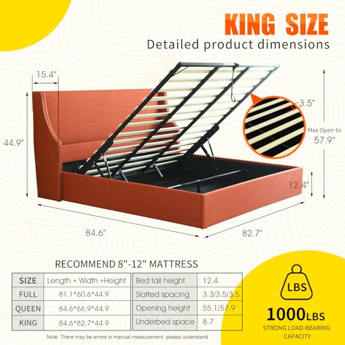 Queen Size Hydraulic Lift Bed with Wing Back Headboard, Ocher S368091