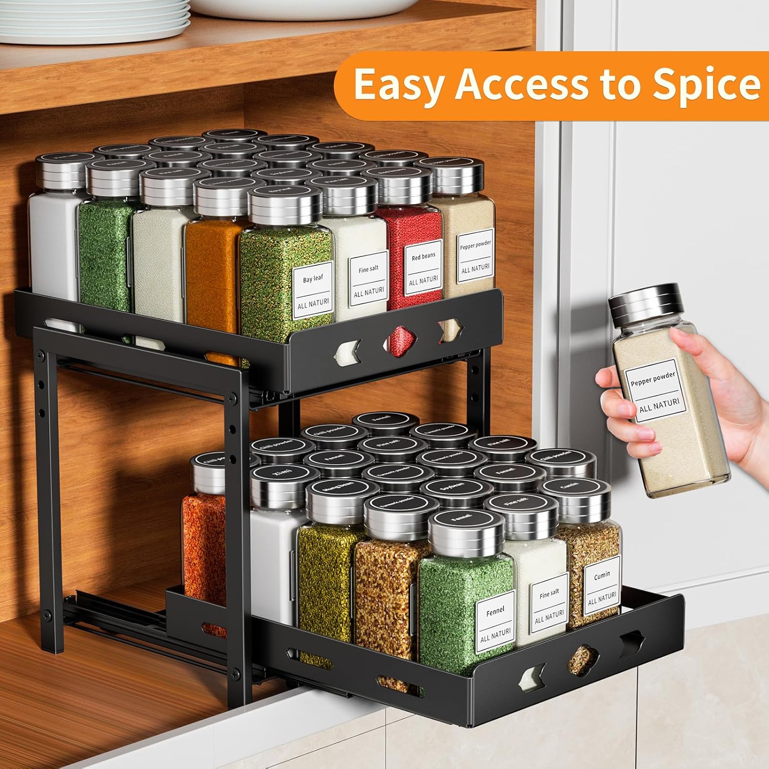 RCHYFEED 2-Tier Pull Out Spice Rack Organizer for Cabinet, Black A60971