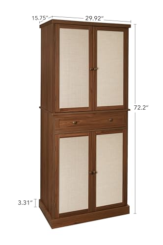 Kitchen Pantry Storage Cabinet with 4 Rattan Doors and Drawer, Walnut T55631