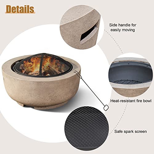 24" Round Concrete Wood Burning Fire Pit Bowl for Patio, Brown I71000