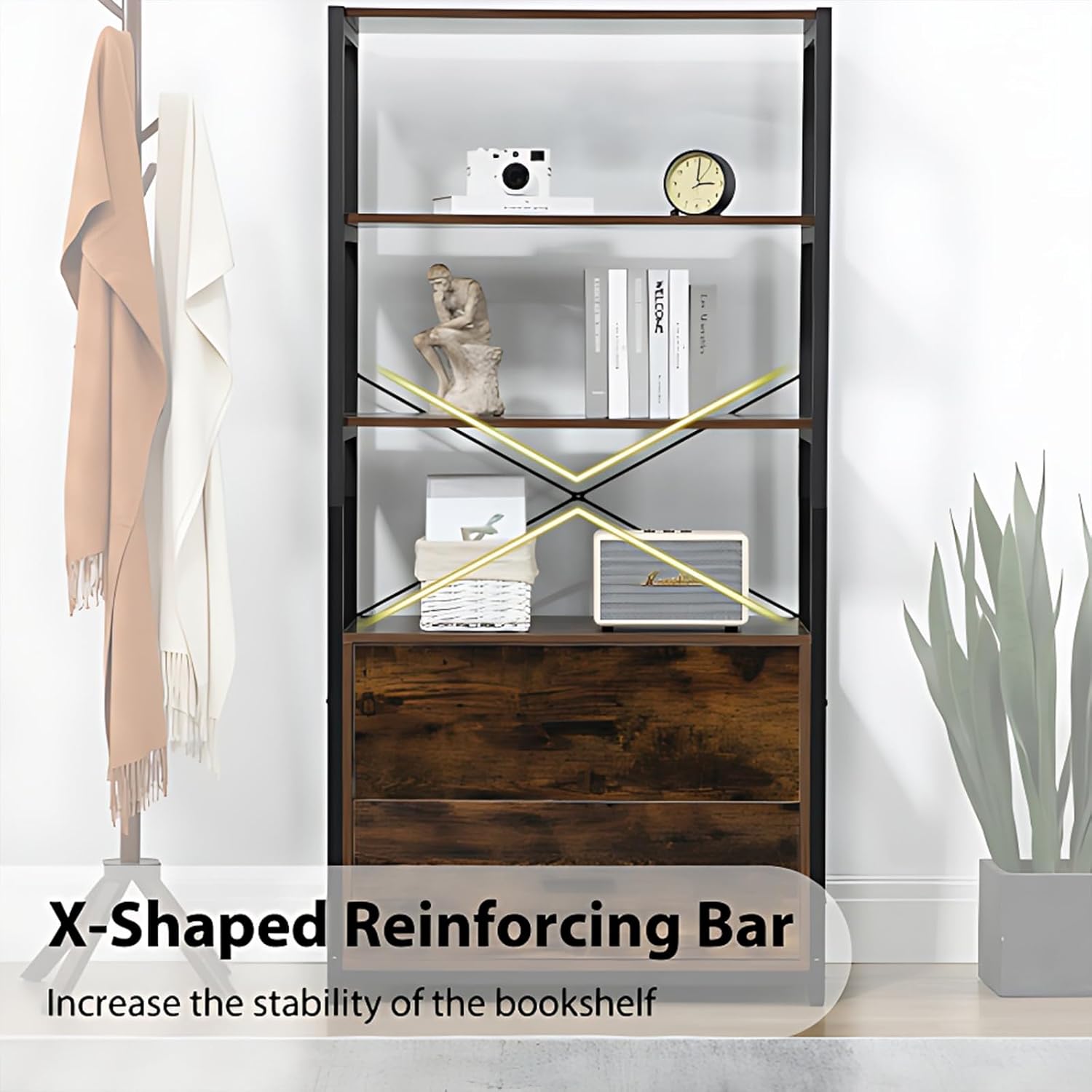 Industrial Bookcase with File Cabinet Drawers, Vintage Brown I973736