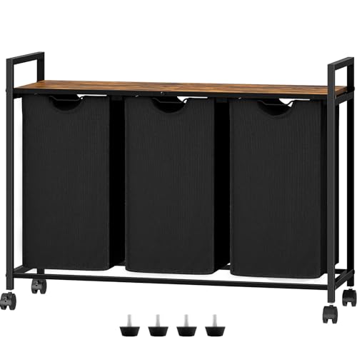 Laundry Sorter Cart, Laundry Hamper with Wheels, Rolling Laundry Basket Organizer, 3 Pull Out Removable Laundry Sorter Bags, Clothes Hamper with Table for Laundry Room, Bathroom, Bedroom