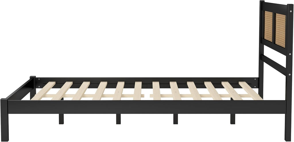 Queen Size Wooden Platform Bed with Rattan Headboard Black C842062
