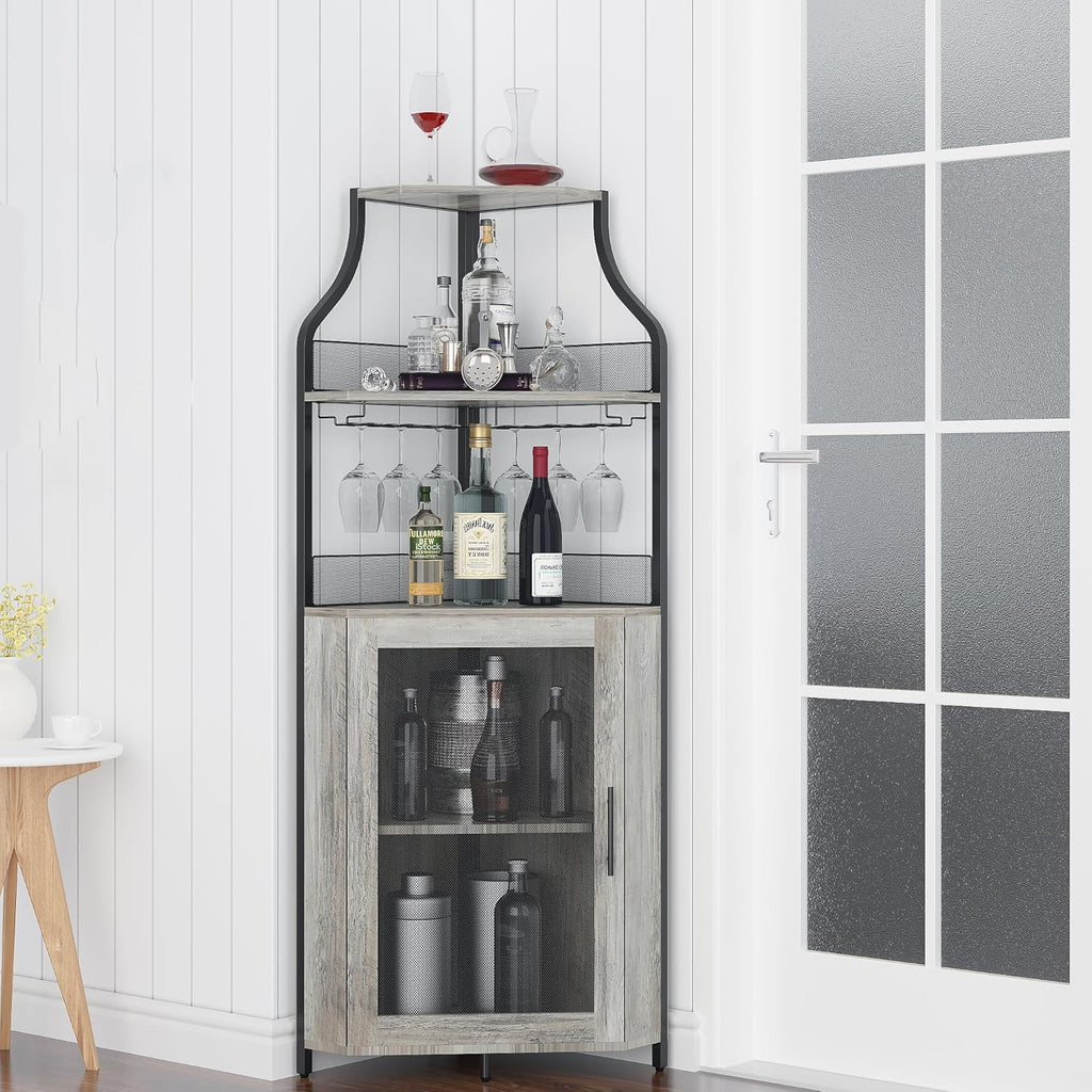 Corner Wine Cabinet with Detachable Rack and Glass Holder, Grey E9167